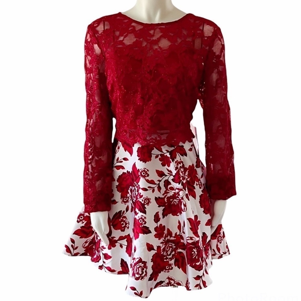 City Vibe Long Sleeve Red Lace Top with Floral Print Skirt Two-Piece Dress NWT